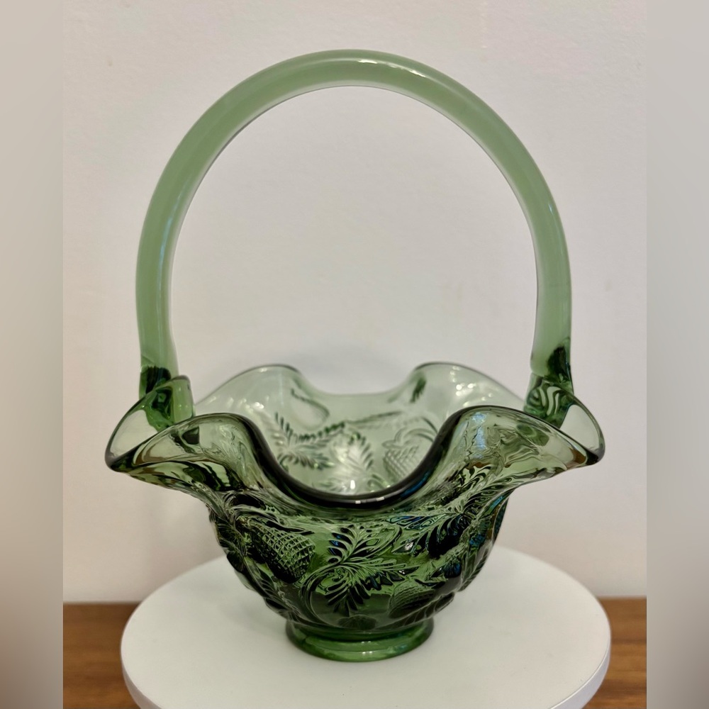 Vintage Fenton Smokey Green Glass Basket